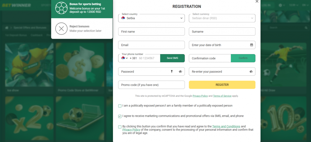 Betwinner Registration process